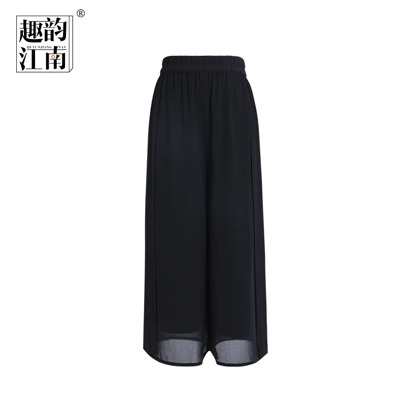 趣韵江南中年妈妈装松紧腰阔腿裤夏装新款直筒宽松双层雪纺裤子