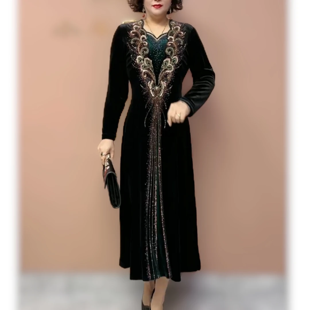 高贵优雅气质中年妈妈金丝绒连衣裙春秋冬重工镶钻长款大码旗袍裙