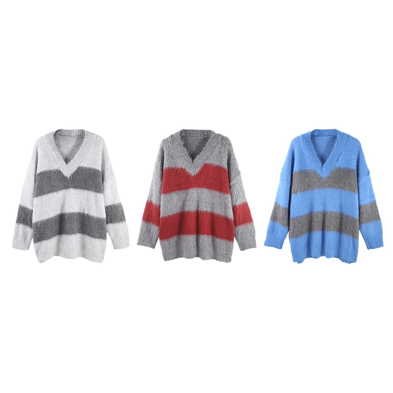 「摩登法典」2024秋冬撞色V领宽松休闲长袖针织衫HBZL917380 nnas