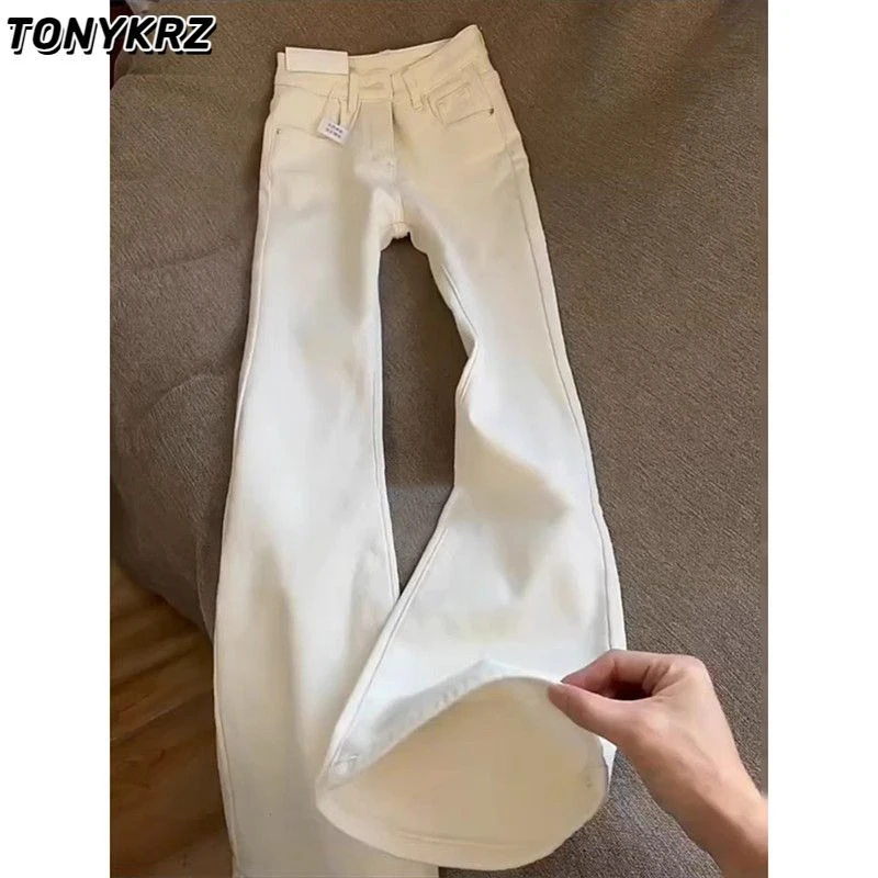 TONYKRZ白色弯刀牛仔裤男款美式高街小众百搭cleanfit微喇叭长裤