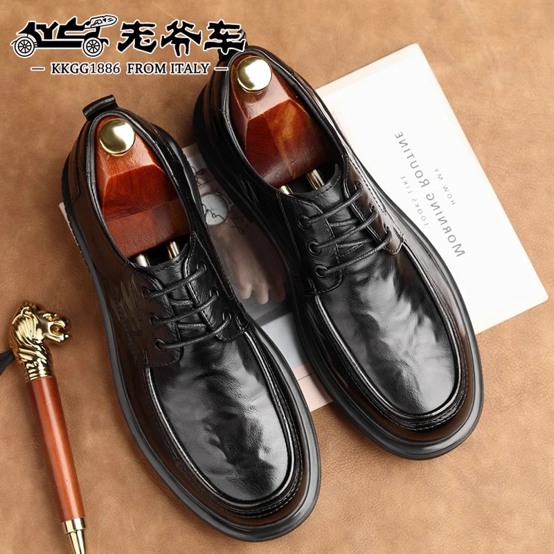 老爷车2025新款皮鞋男款低帮乐福鞋商务正装手抓纹系带圆头结婚鞋