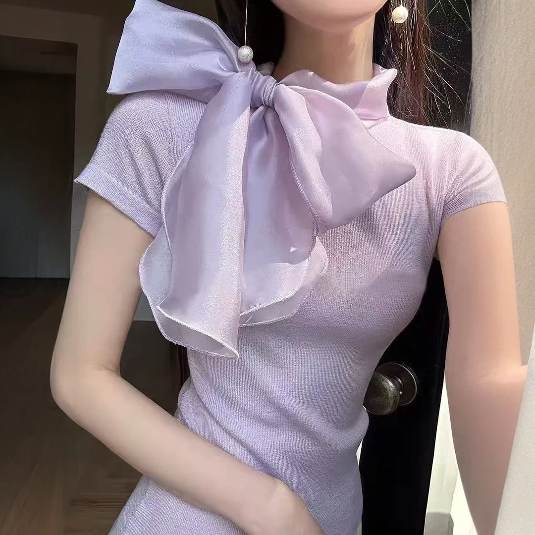【现货】深圳南油高端女装法式系带蝴蝶结小衫上衣修身冰丝针织短袖