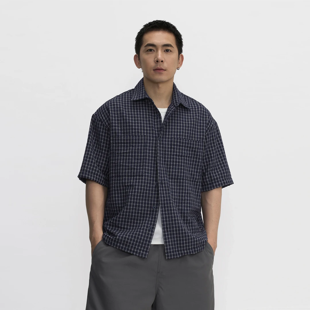 TOPTIER BRO 25SS 泡泡纱短袖衬衫男夏季干爽透气小格子短宽上衣