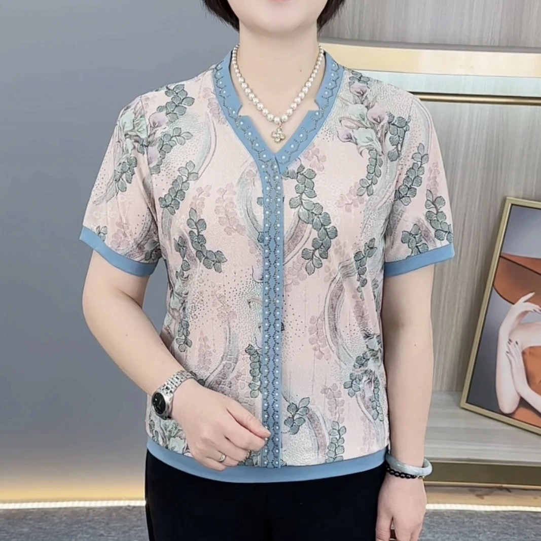 夏季新款时尚V领洋气妈妈装宽松显瘦百搭休闲气质短袖上衣H6367