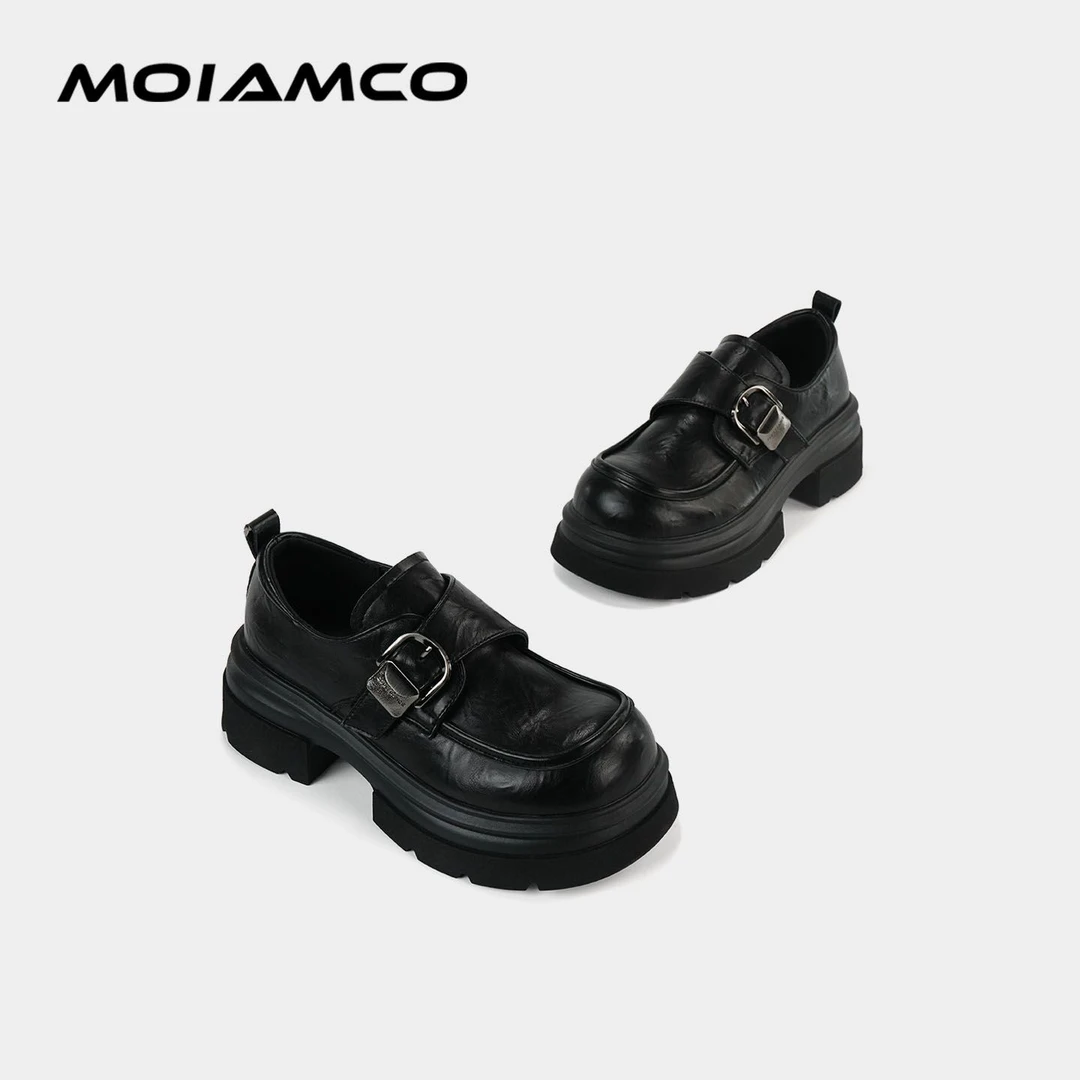 Molamco厚底小皮鞋女黑色增高浅口单鞋乐福鞋