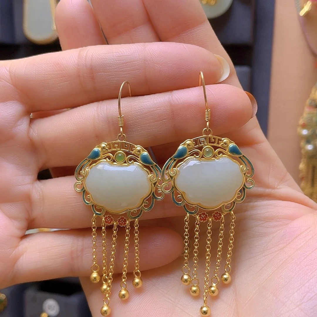 和田玉银S925镀金镶嵌耳饰