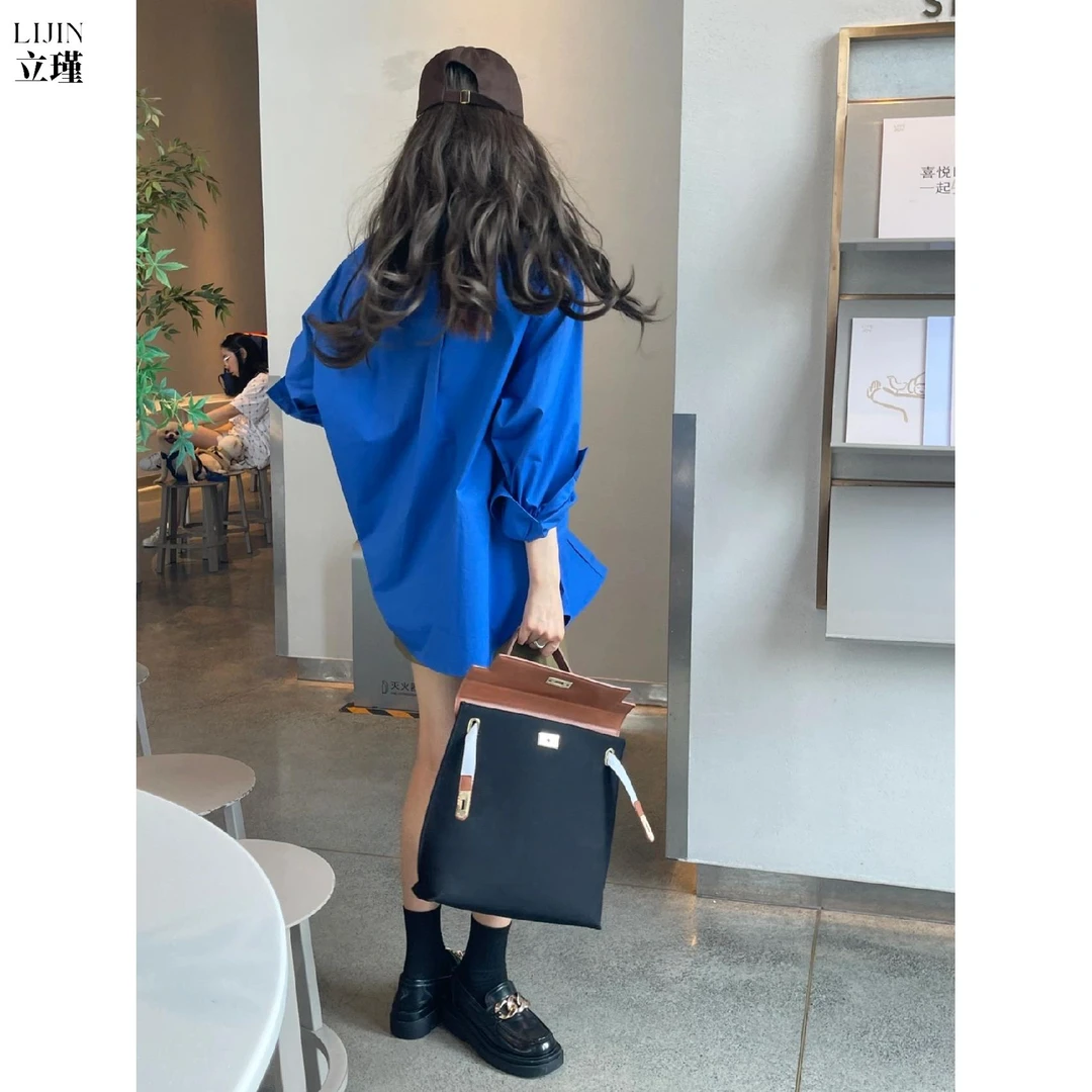 韩版克莱因蓝衬衫女春夏新款宽松宽松气质高级感上衣薄款开衫外套