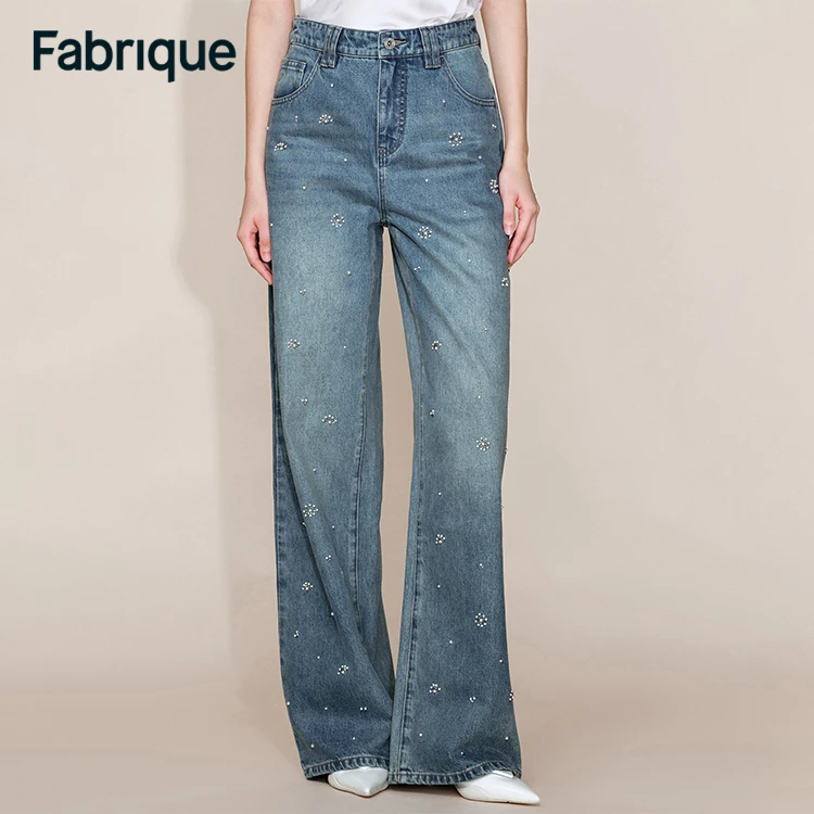 Fabrique Nico 早春新款水洗纯棉手工钉珠高腰阔腿复古休闲牛仔裤