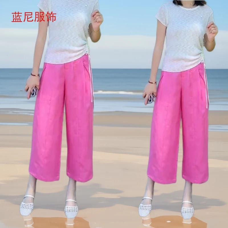 八分裤女夏季薄款2025新款天丝亚麻七分棉麻透气直筒玫红色阔腿裤