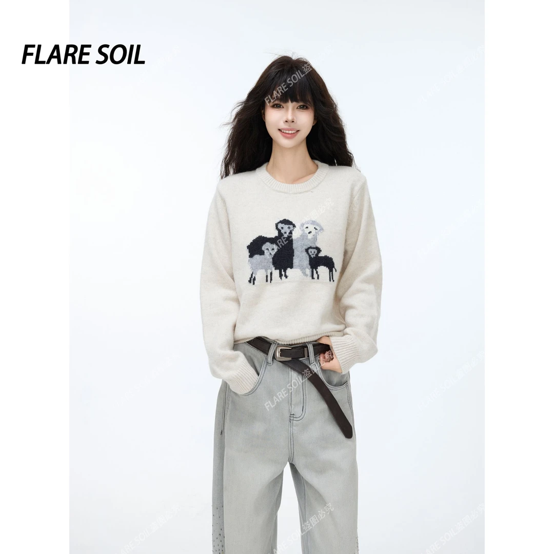 【FLARE SOIL】卡通小羊针织衫牛仔翻领拼接秋冬保暖 T40265A
