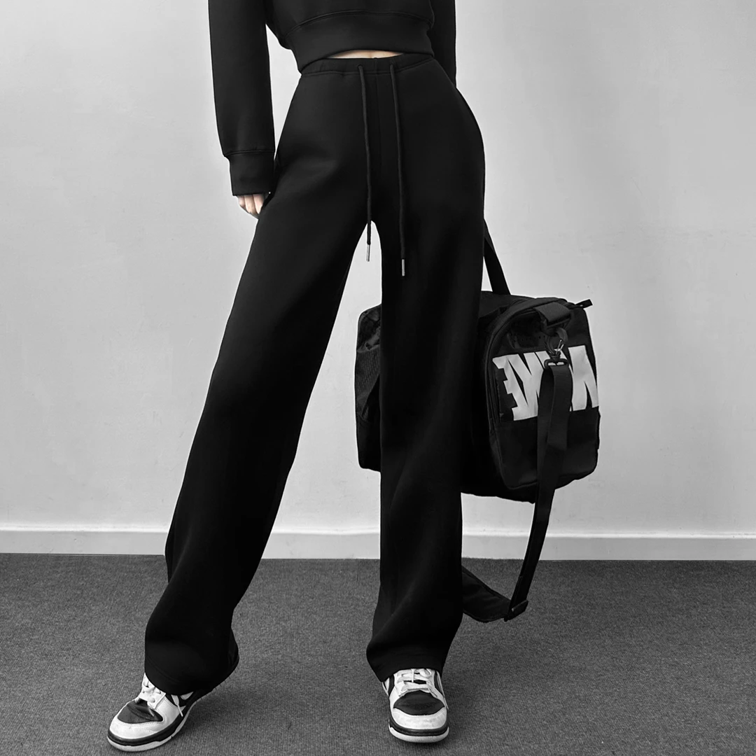 2025春秋女款直筒弯刀裤子女士冬季加厚空气层阔褪裤黑色卫裤6059