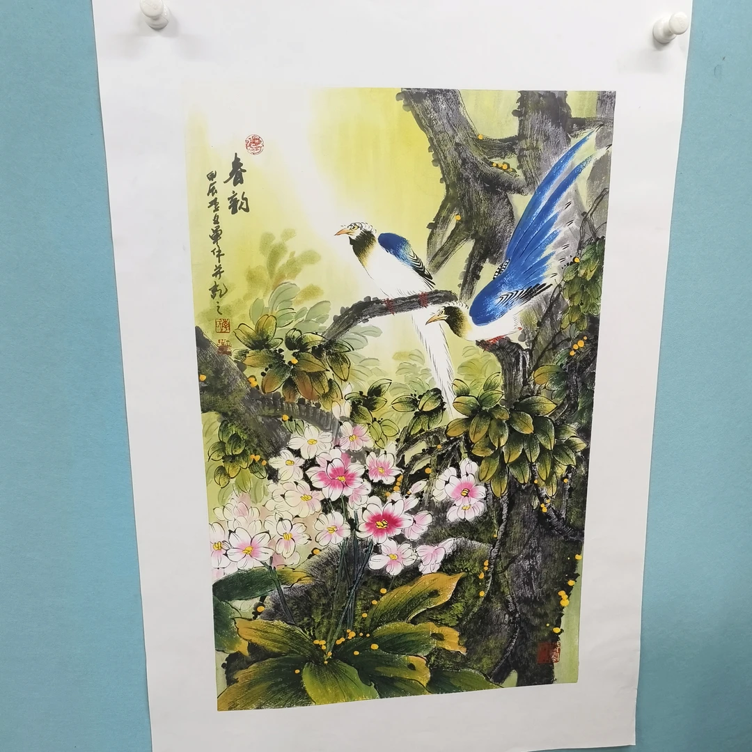 李文军四尺三开花鸟国画