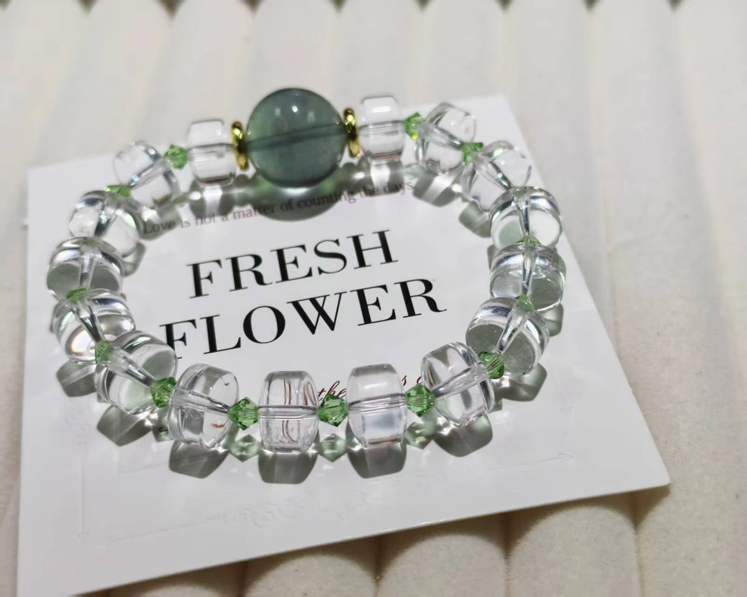 手链 卡15mm白水算盘珠+绿萤顶珠