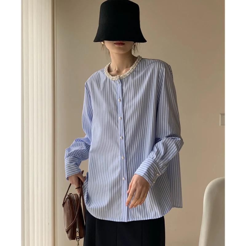 2025春夏法式圆领珍珠领钉珠宽松休闲条纹衬衫气质显瘦衬衣女