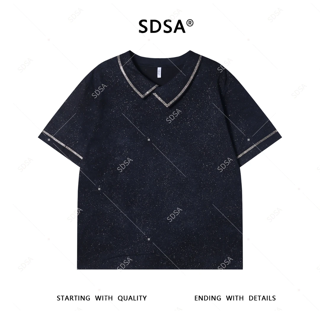 夏季高级感新款男士美式满天星翻领烫钻短袖T恤百搭时尚显瘦上衣