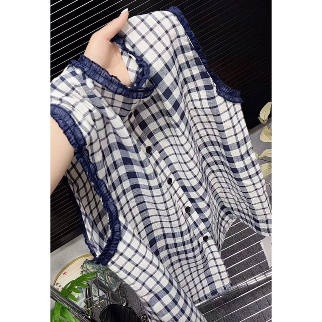 今年流行穿搭2025夏季新款温柔风格子圆领宽松休闲风衬衫无袖上衣