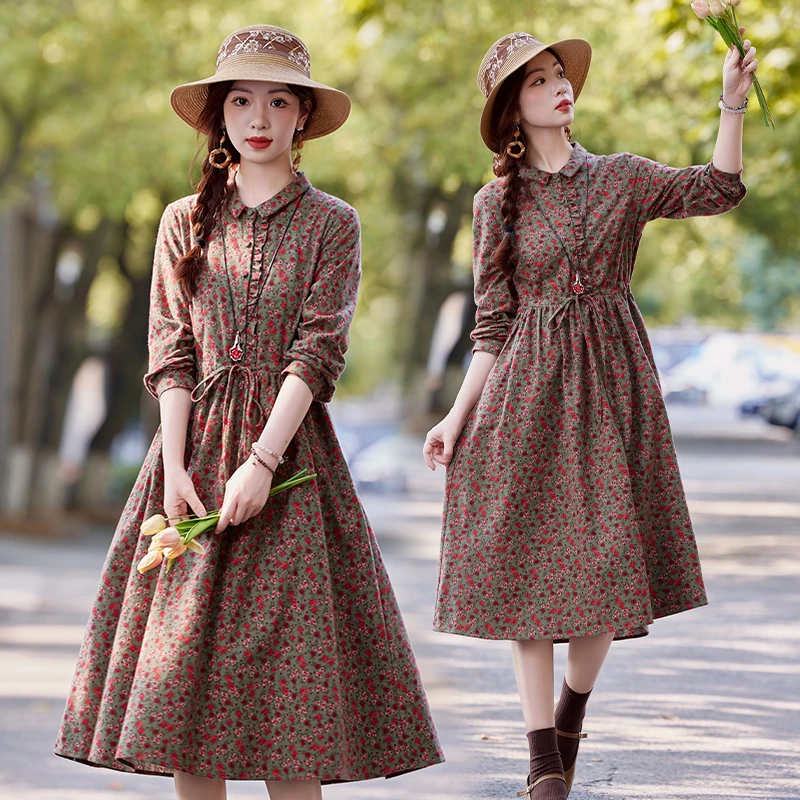 法式气质复古碎花连衣裙女2025年春秋新款系带收腰显瘦中长款裙子
