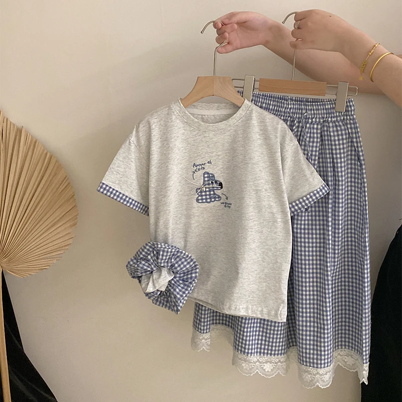 【安安家】女童夏季新拼接格子圆领短袖T恤格子阔腿裤两件套R25311