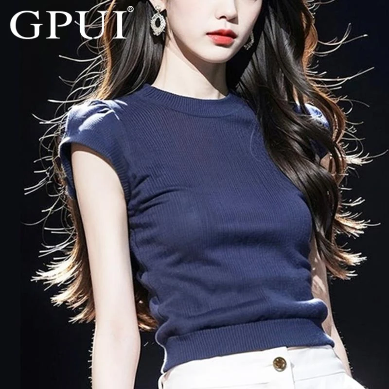 GPUI法式气质轻熟风藏蓝色圆领针织短袖T恤女夏季款独特简约上衣