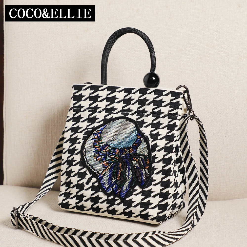 度假帽图案配千鸟格纹手提包单肩包A4321