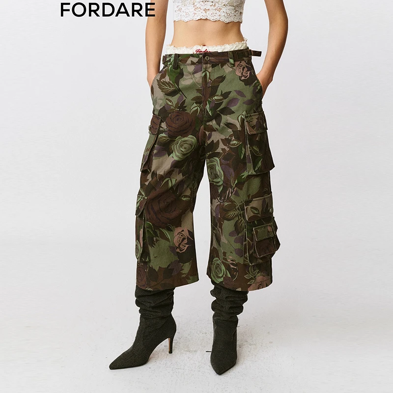 FORDARE/福蝶25早秋蕾丝腰头迷彩工装九分裤