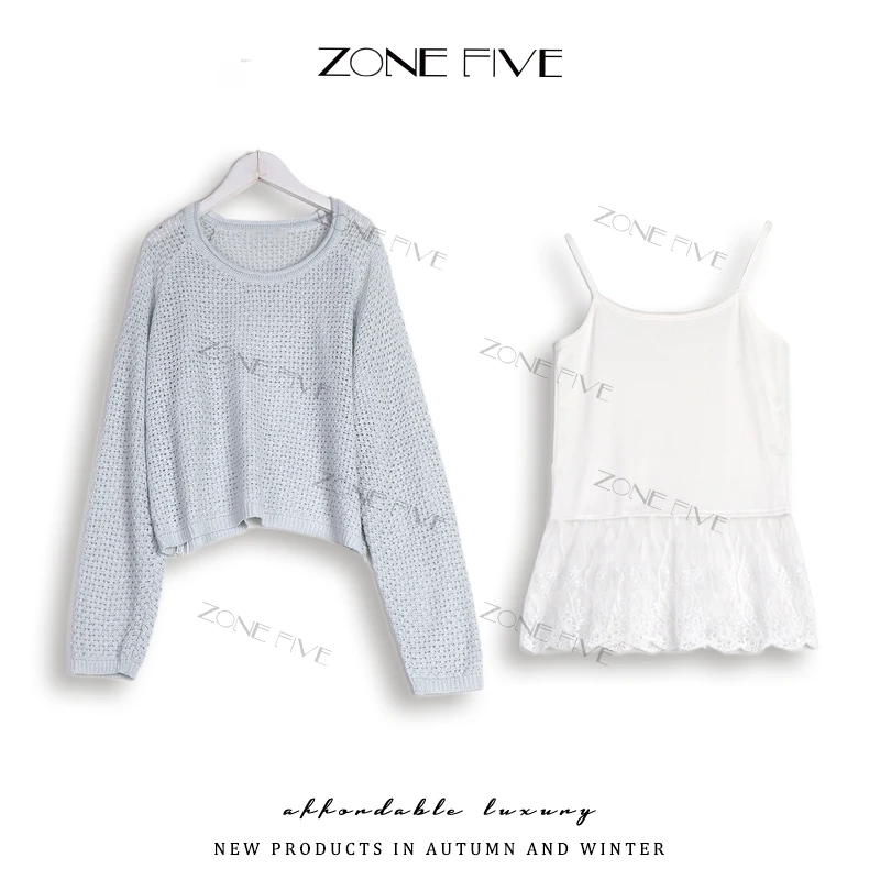 韩版慵懒珠片镂空长袖针织罩衫+吊带蕾丝打底衫两件套上衣女75306