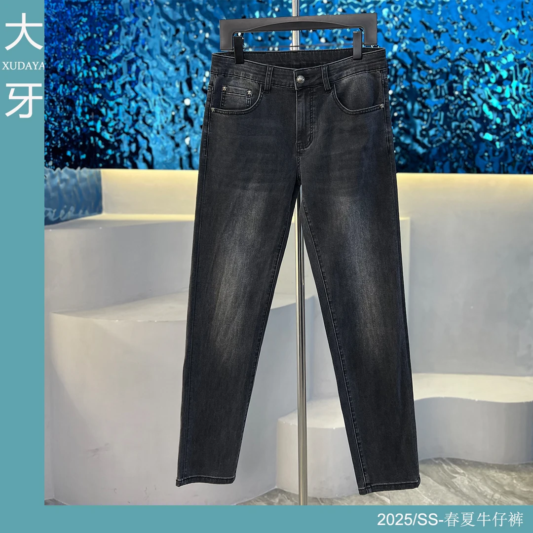【大牙】509#烟灰色牛仔裤男2025春夏猫须磨白弹力修身小直筒