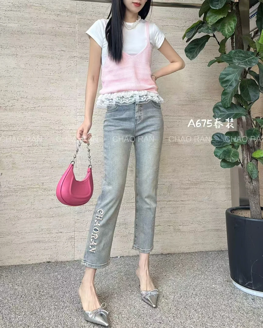 超然牛仔裤裤子直筒女烟管控重工字母刺绣9分夏季新款