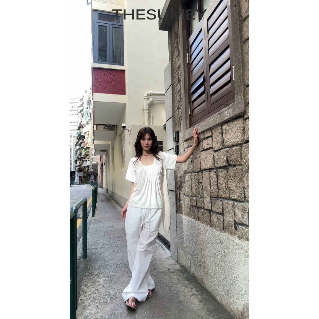 THESUMEY速干松紧腰阔腿休闲裤女25夏季新款宽松直筒百搭薄款长裤