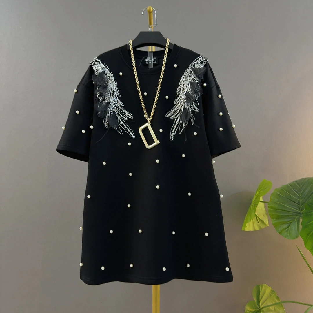 胖mm新款时尚钉珠重工翅膀圆领轻奢设计感宽松遮肉大码短袖上衣