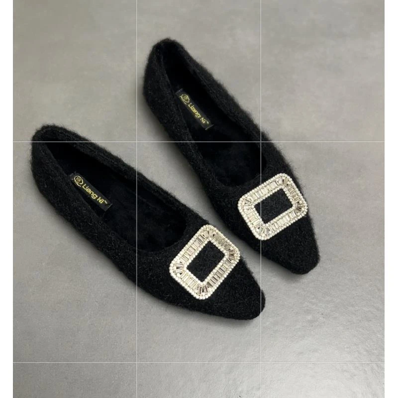 黑色毛呢鞋~加绒水钻方扣温柔风法式鞋女6527/A6