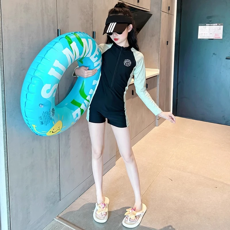 女童泳衣2025新款儿童专业训练游泳衣大童女孩长袖带胸垫速干泳装