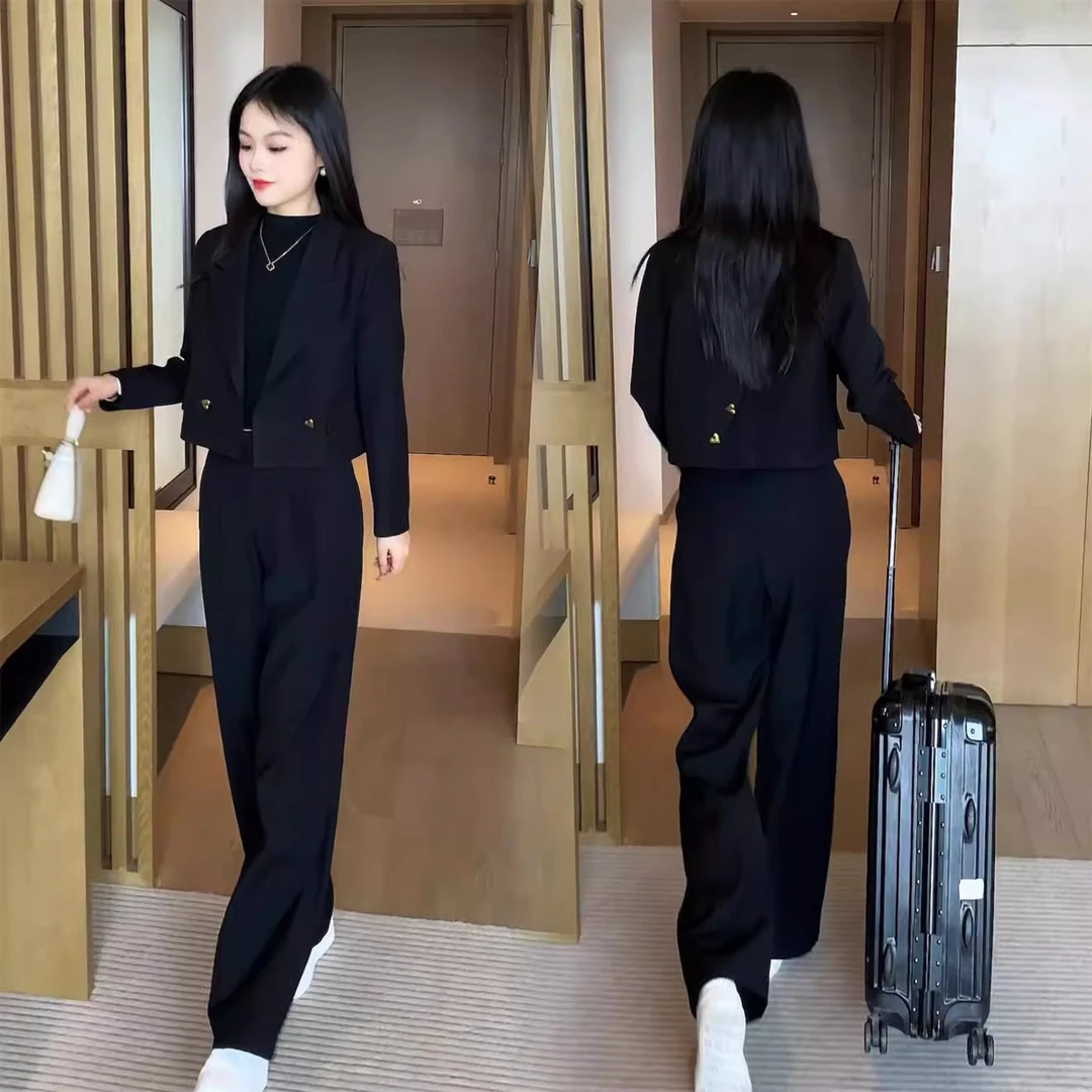 拉夏贝尔时尚西装套装女春秋季新款洋气减龄黑色休闲西服两件套
