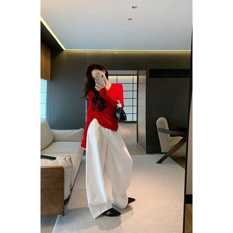 秋季款2025显瘦修身简约通勤风圆领长袖上衣休闲百搭宽松阔腿长裤