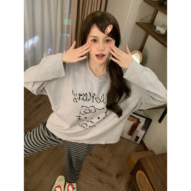 芯语婷春秋季新款灰色凯蒂猫女士睡衣冬季长袖长裤家居服可外穿