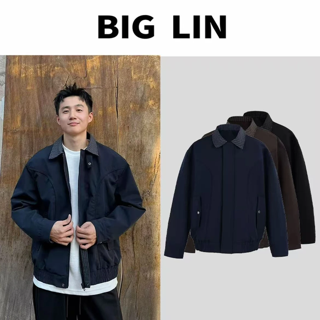 美式复古格子拼接外套男款秋季潮牌高街vibe棒球服短款哈灵顿夹克