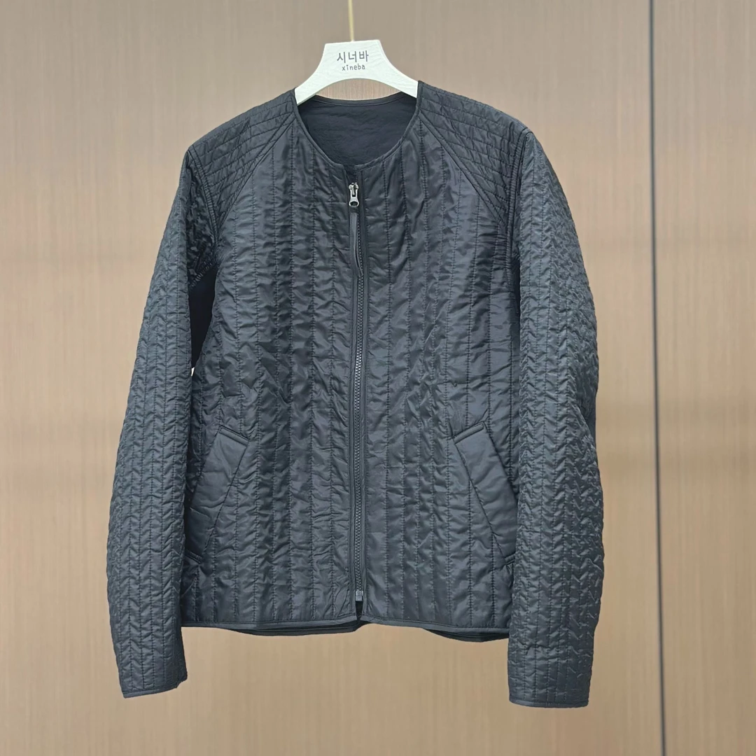 【xineba2】韩国2025新款冬季短款竖条螺纹拼接绗缝棉服棉衣