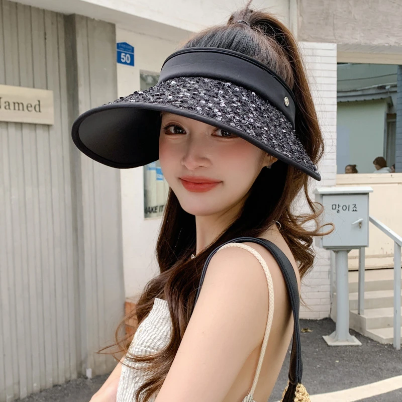 亮片防晒空顶帽子女夏季新款大帽檐防紫外线遮阳帽户外骑车太阳帽