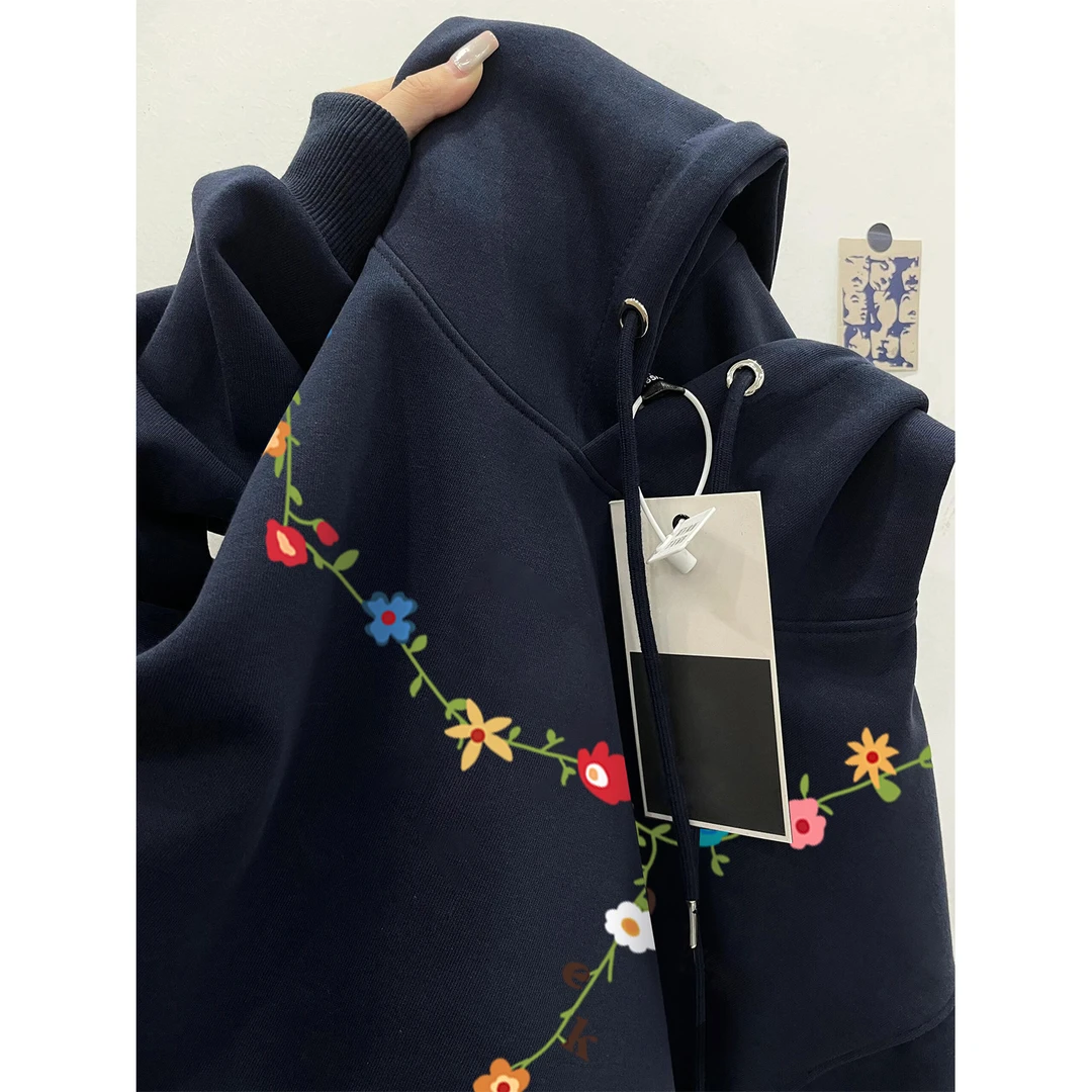 美式潮牌花卉藤条字母印花宽松连帽卫衣男女秋冬个性休闲情侣上衣