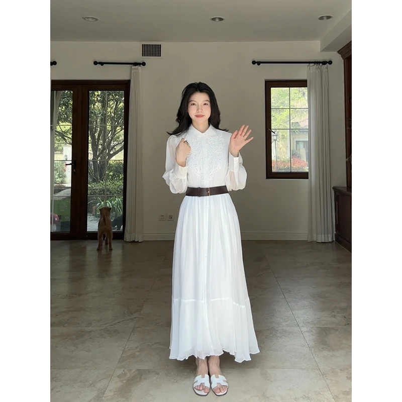 郭九九呢 优雅气质绣花拼接显瘦长袖衬衫连衣裙送腰带 G925Q03984