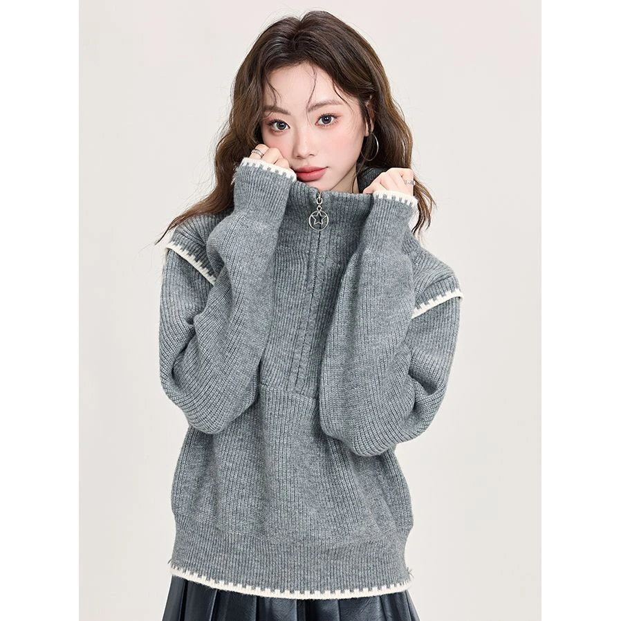 法式甜美风个性设计感半拉链毛衣女秋冬季宽松针织衫长袖小众上衣