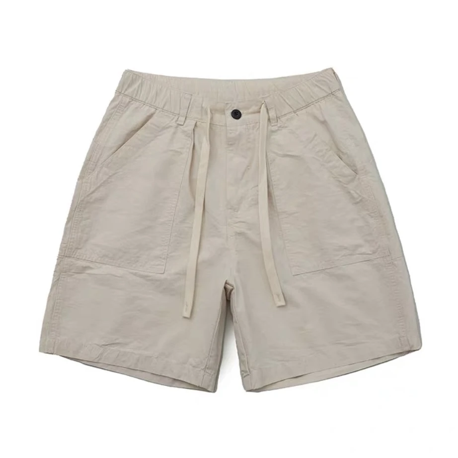 春夏日系复古纯棉薄款米白色五分短裤