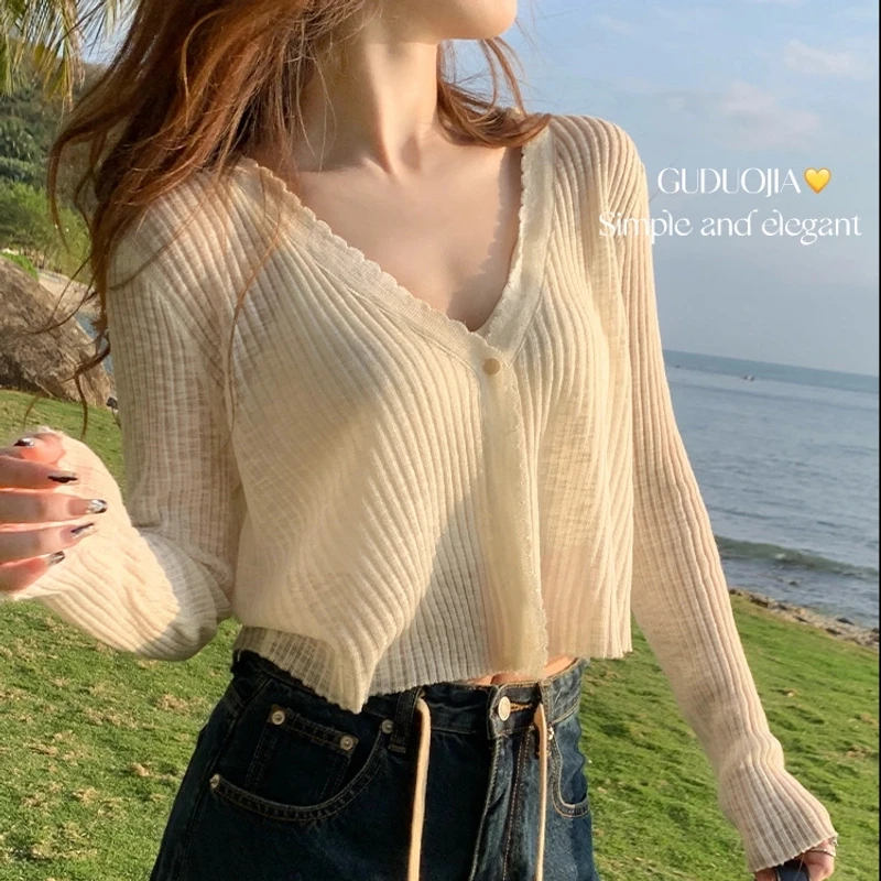 春季薄款开衫女2025新款吊带外搭薄款v领长袖短款气质短款外套