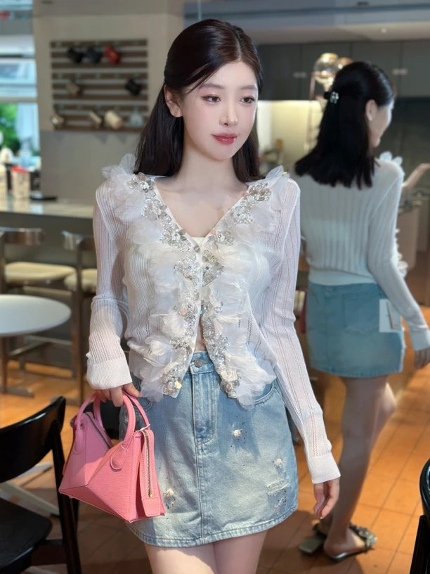 设计师品牌 针织亮片花边开衫