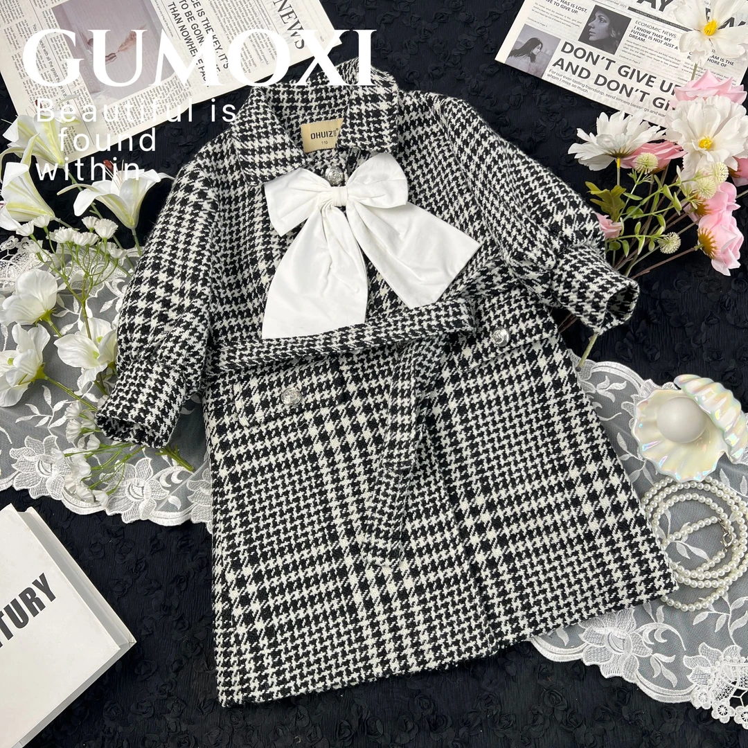 简约千鸟格厚款格子西装领呢大衣外套童装时尚时髦秋季洋气