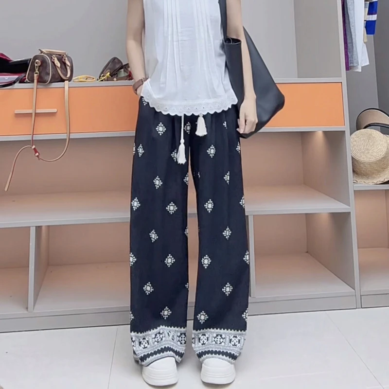 夏季新款松紧腰民族风印花复古高腰直筒阔腿百搭休闲裤女高级感