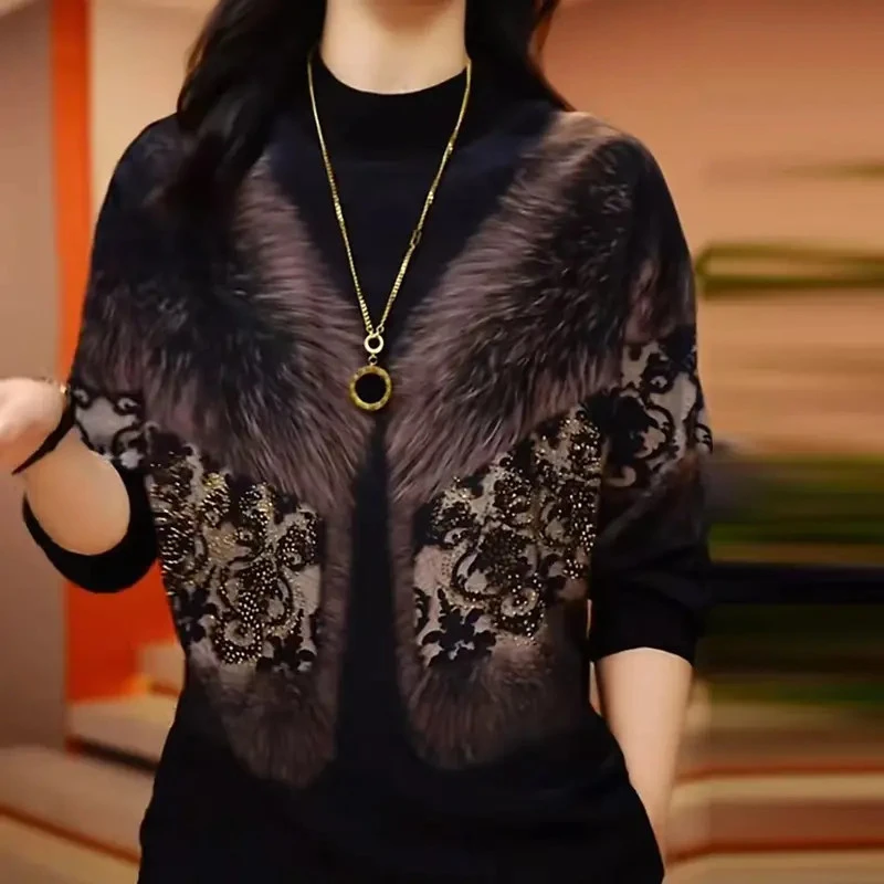 宽松型时尚减龄打底衫秋冬新款洋气女装百搭上衣印花双面绒小衫遮