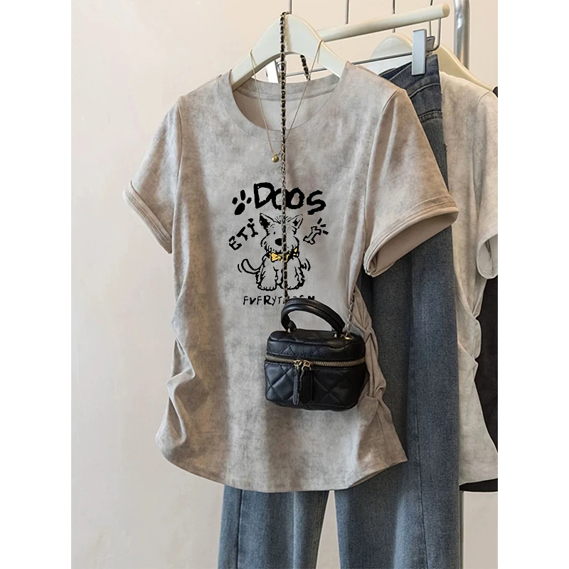 2025夏季新款大码正肩混染减龄短袖T恤女褶皱上衣遮肚藏肉显瘦潮