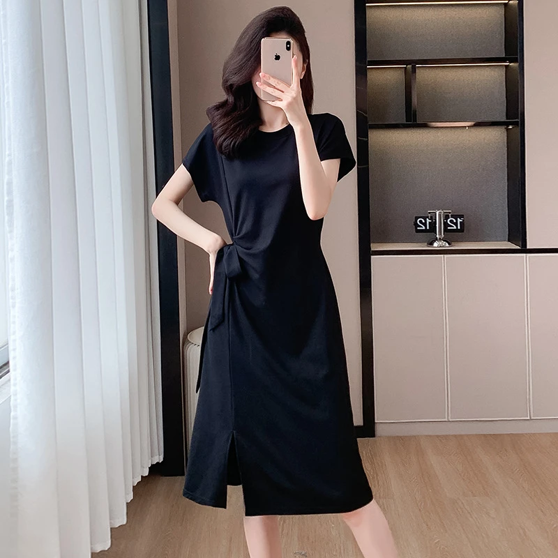 休闲黑色皱褶开叉连衣裙女夏季腰带系带收腰遮肉显瘦中长款T恤裙