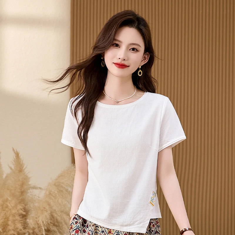 断码清仓文艺棉麻上衣女春夏装特惠中式复古绣花衬衣盘扣衬衫女